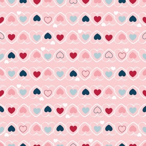 Rows of Blue Red and Pink Hearts with lines