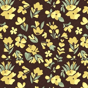 Yellow Flowers with Sage Leaves on a Brown Background