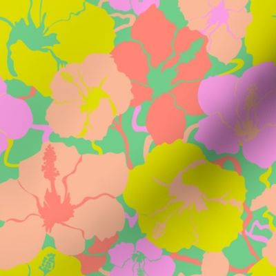 Hawaiian Hibiscus Floral in Light Neon Meadow