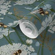 Large Wild flowers Modern Cottage Floral with whimsical Bees Queen Anne's lace and honey grasses on cornflower dark blue // wildflowers Meadow, cottage core, intheweedsdc , gender neutral, nursery wallpaper, kids wallpaper,  jumbo scale, home decor 