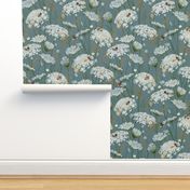 Large Wild flowers Modern Cottage Floral with whimsical Bees Queen Anne's lace and honey grasses on cornflower dark blue // wildflowers Meadow, cottage core, intheweedsdc , gender neutral, nursery wallpaper, kids wallpaper,  jumbo scale, home decor 