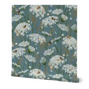 Large Wild flowers Modern Cottage Floral with whimsical Bees Queen Anne's lace and honey grasses on cornflower dark blue // wildflowers Meadow, cottage core, intheweedsdc , gender neutral, nursery wallpaper, kids wallpaper,  jumbo scale, home decor 