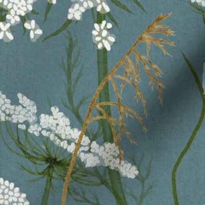 Large Wild flowers Modern Cottage Floral with whimsical Bees Queen Anne's lace and honey grasses on cornflower dark blue // wildflowers Meadow, cottage core, intheweedsdc , gender neutral, nursery wallpaper, kids wallpaper,  jumbo scale, home decor 