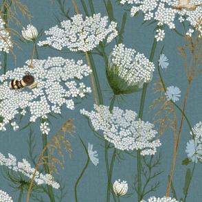Large Wild flowers Modern Cottage Floral with Bees Queen Anne's lace and honey grasses on cornflower dark blue , Meadow, cottage core, intheweedsdc , gender neutral, nursery wallpaper, kids wallpaper,  jumbo scale, home decor 