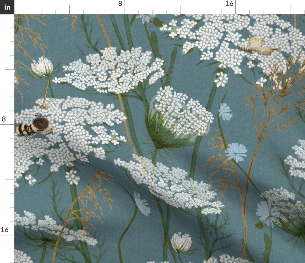Large Wild flowers Modern Cottage Floral with whimsical Bees Queen Anne's lace and honey grasses on cornflower dark blue // wildflowers Meadow, cottage core, intheweedsdc , gender neutral, nursery wallpaper, kids wallpaper,  jumbo scale, home decor 