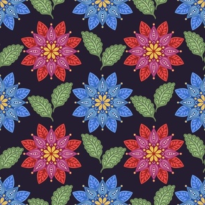 RED BLUE FOLK ART FLOWERS DARK 18