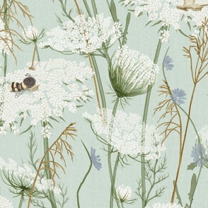 Large Pastel Wild flowers with Bees Pastel Modern Cottage baby Floral  Queen Anne's lace and honey grasses on sky blue, aquamarine, baby blue , Meadow flowers, cottage core, floral nursery wallpaper,  jumbo scale, baby home decor , nursery wallpaper, jumb