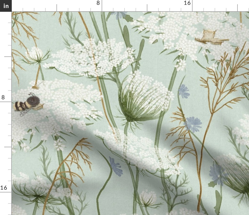 Large Pastel Wild flowers with Bees Pastel Modern Cottage baby Floral  Queen Anne's lace and honey grasses on sky blue, aquamarine, baby blue , Meadow flowers, cottage core, floral nursery wallpaper,  jumbo scale, baby home decor , nursery wallpaper, jumb