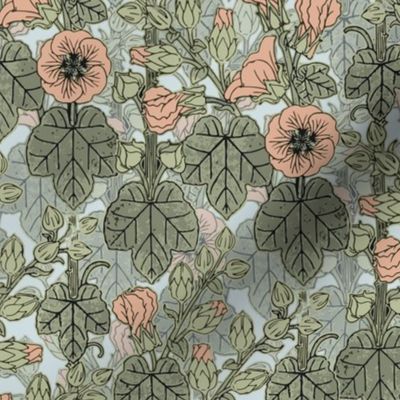 Art Nouveau hollyhocks, pale pink, greens, blues