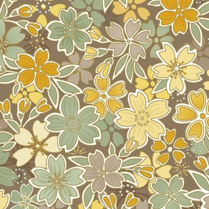 Floral Wilderness Large- Earth Background- Vintage Pretty Flowers- Gold- Mustard- Sage- Yellow- Sage -Jade- Green- Earth Tones Boho Spring Fabric- Summer- Fall- Wallpaper- Large Scale