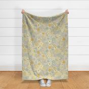 Floral Wilderness Large- Pastel Green Background- Vintage Pretty Flowers- Gold- Mustard- Yellow -Jade- Green- Earth Tones Boho Spring Fabric- Summer- Fall- Wallpaper- Large Scale