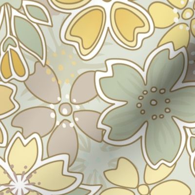 Floral Wilderness Large- Pastel Green Background- Vintage Pretty Flowers- Gold- Mustard- Yellow -Jade- Green- Earth Tones Boho Spring Fabric- Summer- Fall- Wallpaper- Large Scale