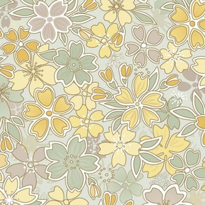 Floral Wilderness Large- Pastel Green Background- Vintage Pretty Flowers- Gold- Mustard- Yellow -Jade- Green- Earth Tones Boho Spring Fabric- Summer- Fall- Wallpaper- Large Scale