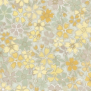 Floral Wilderness Medium- Earth Background- Vintage Pretty Flowers- Gold- Mustard- Sage- Yellow- Sage -Jade- Green- Earth Tones Boho Spring Fabric- Summer- Fall- Wallpaper- Large Scale