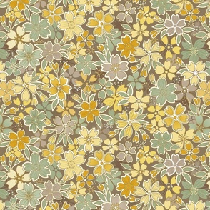 Floral Wilderness Small- Earth Background- Vintage Pretty Flowers- Gold- Mustard- Sage- Yellow- Sage -Jade- Green- Earth Tones Boho Spring Fabric- Summer- Fall- Wallpaper- Large Scale
