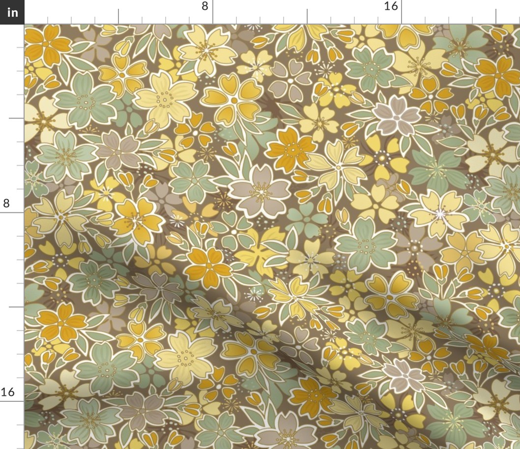 Floral Wilderness Small- Earth Background- Vintage Pretty Flowers- Gold- Mustard- Sage- Yellow- Sage -Jade- Green- Earth Tones Boho Spring Fabric- Summer- Fall- Wallpaper- Large Scale