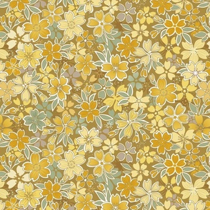 Floral Wilderness Small- Golden Background- Vintage Pretty Flowers- Gold- Mustard- Sage- Yellow- Sage -Jade- Green- Boho Spring- Summer- Fall- Wallpaper- Large Scale