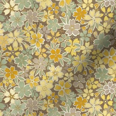 Floral Wilderness Mini- Earth Background- Vintage Pretty Flowers- Gold- Mustard- Sage- Yellow- Sage -Jade- Green- Earth Tones Boho Spring Fabric- Summer- Fall- Wallpaper- Large Scale