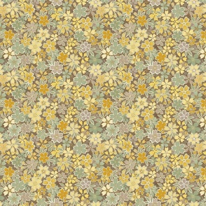 Floral Wilderness Mini- Earth Background- Vintage Pretty Flowers- Gold- Mustard- Sage- Yellow- Sage -Jade- Green- Earth Tones Boho Spring Fabric- Summer- Fall- Wallpaper- Large Scale