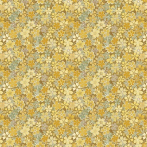 Floral Wilderness Mini- Golden Background- Vintage Pretty Flowers- Gold- Mustard- Sage- Yellow- Sage -Jade- Green- Boho Spring- Summer- Fall- Wallpaper- Large Scale