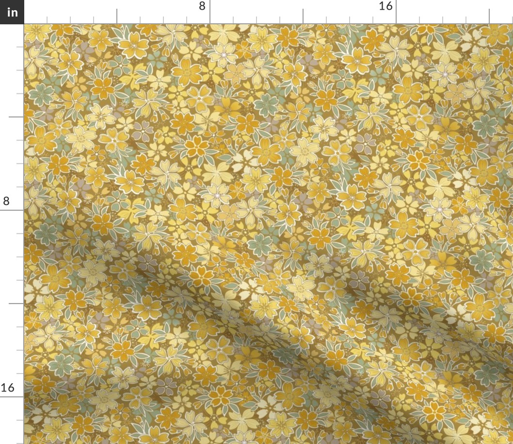 Floral Wilderness Mini- Golden Background- Vintage Pretty Flowers- Gold- Mustard- Sage- Yellow- Sage -Jade- Green- Boho Spring- Summer- Fall- Wallpaper- Large Scale
