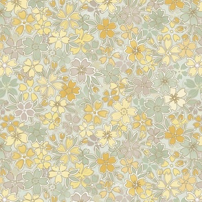 Floral Wilderness Small- Pastel Green Background- Vintage Pretty Flowers- Gold- Mustard- Yellow -Jade- Green- Earth Tones Boho Spring Fabric- Summer- Fall- Wallpaper- Large Scale