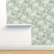 Large Wild flowers Pastel Modern Cottagecore Floral  Queen Anne's lace and honey grasses on sky blue, aquamarine, baby blue , Meadow, cottage floral home, intheweedsdc , floral wallpaper,  jumbo scale, home decor , meadow wallpaper, jumbo scale, home deco