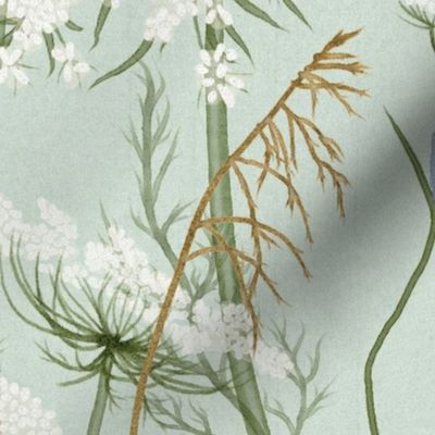 Large Wild flowers Pastel Modern Cottagecore Floral  Queen Anne's lace and honey grasses on sky blue, aquamarine, baby blue , Meadow, cottage floral home, intheweedsdc , floral wallpaper,  jumbo scale, home decor , meadow wallpaper, jumbo scale, home deco