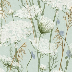Large Wild flowers Pastel Modern Cottage Floral  Queen Anne's lace and honey grasses on sky blue, aquamarine, baby blue , Meadow, cottage core, intheweedsdc , floral wallpaper,  jumbo scale, home decor , meadow wallpaper, jumbo scale, home decor