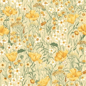 California Poppy Field Honey Yellow Sage Green Grasses