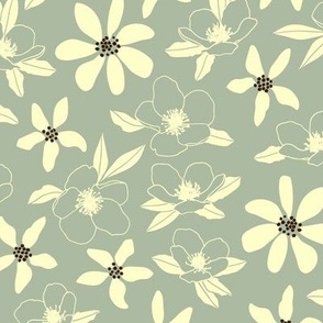 Boho Blooms | Sage Green, Light Yellow | multidirectional floral line art