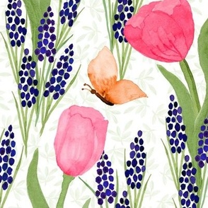 Large Pink Tulips and Muscari With Butterflies
