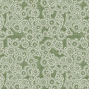 Boho Ikat Flowers Batik Block Print in Sage Green and Natural White (Medium Scale)