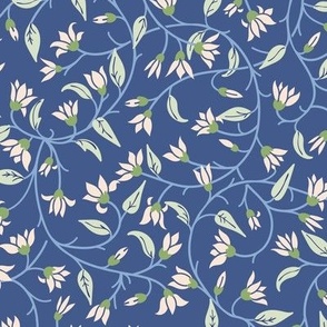 Indie floral swirl in light apricot, pale green on dusky blue