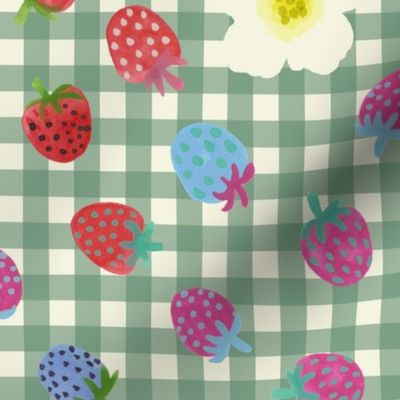 Garden Party - Strawberries on gingham - Green - Small 