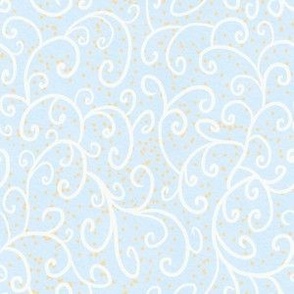 Hand drawn white scrolls and spots on pale baby blue background