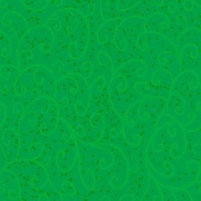 Kelly green with handdrawn pale white scrolls and orange spots on textured canvas background