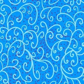 Pale blue scrolls on azure blue canvas textured background and red spots small blende
