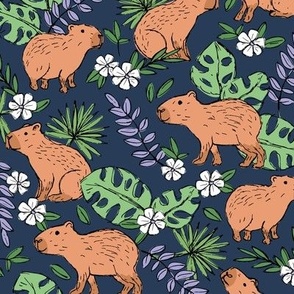 Wild animals - freehand sketch capybara jungle friends with monstera leaves and tropical hibiscus flowers lilac green terracotta on navy blue 