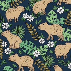 Wild animals - freehand sketch capybara jungle friends with monstera leaves and tropical hibiscus flowers beige sand sage olive green mustard  on navy blue 