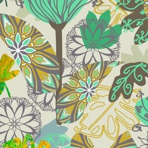BOHO Floral for Lainsnow, mint, browns and soft mustard yellow, 12 inch