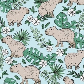 Wild animals - freehand sketch boho capybara jungle friends with monstera leaves and tropical hibiscus flowers sand gray green on baby blue boys
