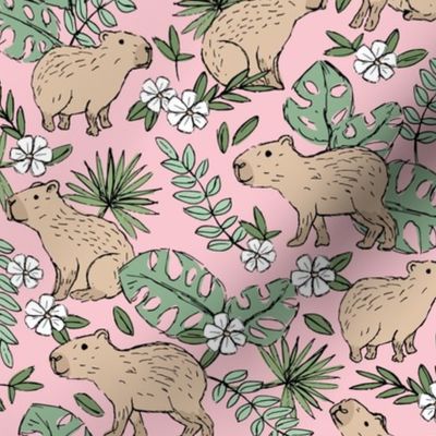 Wild animals - freehand sketch boho capybara jungle friends with monstera leaves and tropical hibiscus flowers sand gray green on soft pink girls