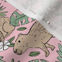 Wild animals - freehand sketch boho capybara jungle friends with monstera leaves and tropical hibiscus flowers sand gray green on soft pink girls