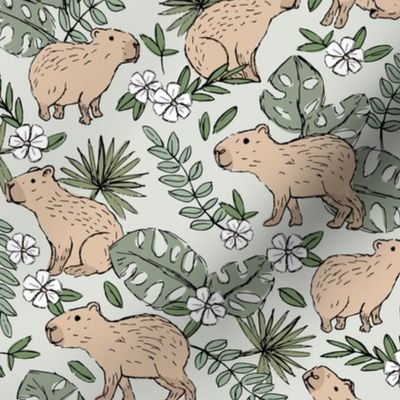 Wild animals - freehand sketch boho capybara jungle friends with monstera leaves and tropical hibiscus flowers sand beige eucalyptus green on soft mist sage