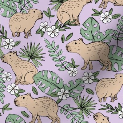 Wild animals - freehand sketch boho capybara jungle friends with monstera leaves and tropical hibiscus flowers sand beige eucalyptus sage green on powder lilac