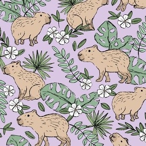 Wild animals - freehand sketch boho capybara jungle friends with monstera leaves and tropical hibiscus flowers sand beige eucalyptus sage green on powder lilac