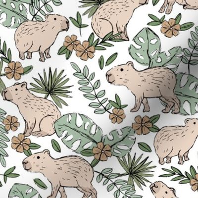 Wild animals - freehand sketch boho capybara jungle friends with monstera leaves and tropical hibiscus flowers sand beige eucalyptus sage green on white