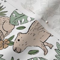 Wild animals - freehand sketch boho capybara jungle friends with monstera leaves and tropical hibiscus flowers sand beige eucalyptus sage green on white