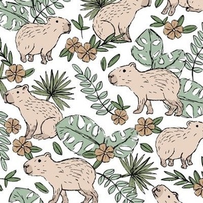 Wild animals - freehand sketch boho capybara jungle friends with monstera leaves and tropical hibiscus flowers sand beige eucalyptus sage green on white